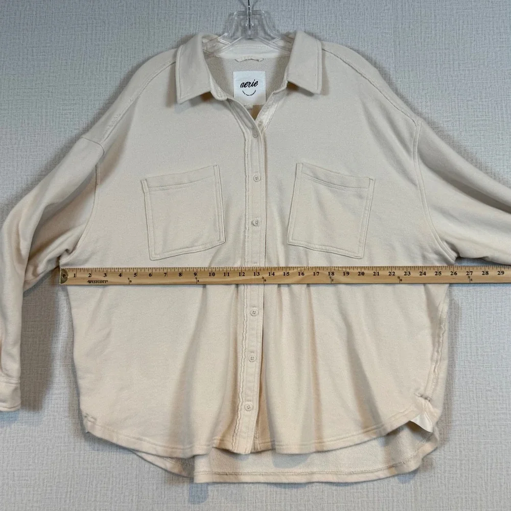 Aerie‎ Women Cream Beige Oversized Fleece Shirt Jacket Shacket Large Long Sleeve
